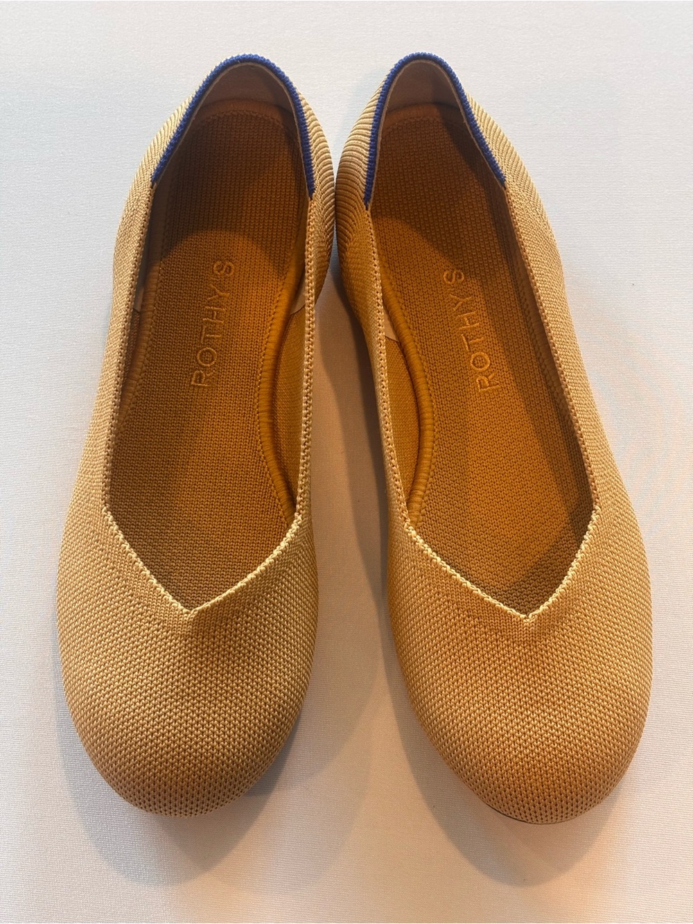 Rothy's Women's Pointed Knit Ballet Flat in Camel with Navy Trim